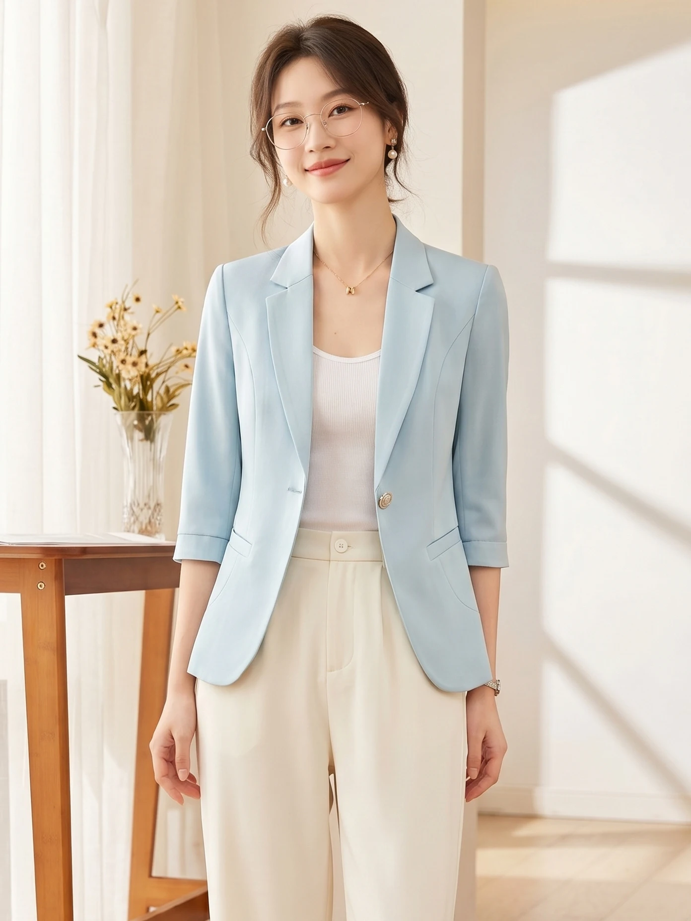 

Casual Fashionable Light Blue Seven-Quarter Sleeve Suit Jacket Women's High-End Feeling Small Size Pocket Design Polyester Fiber