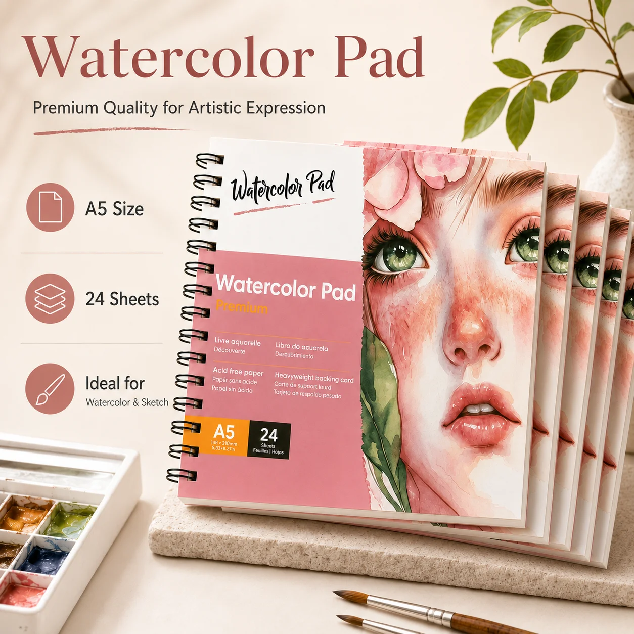 A5 Watercolor Pad 24 Sheets, Acid-Free Paper with Heavyweight Backing Card, Spiral Bound Watercolor Sketchbook for Painting & Sketching, Back to School Art Supplies for Students & Artists