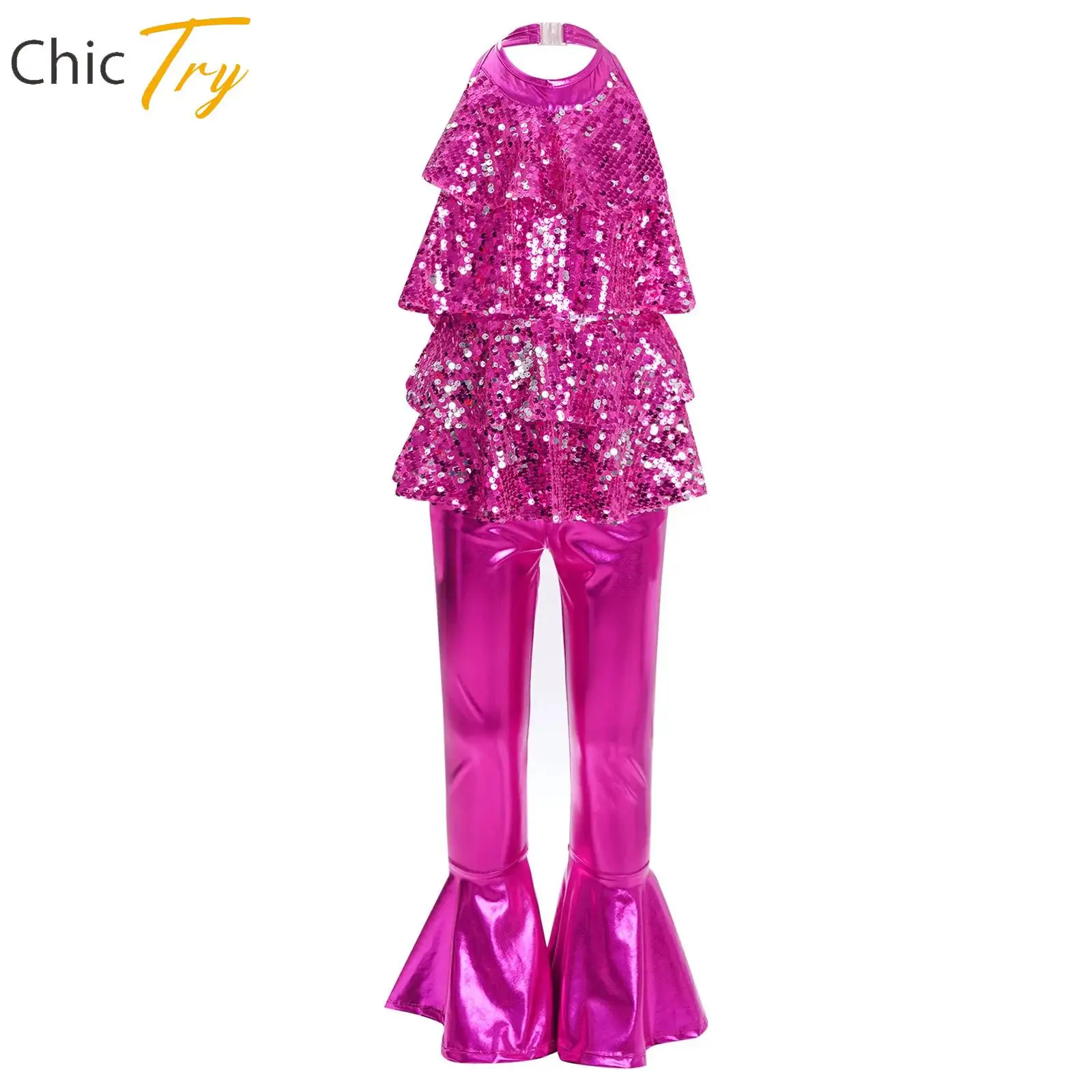 

Kids Gymnastics Latin Jazz Dance Costume for Girls Halter Backless Shiny Sequins Leotard with Bell-bottom Pants Dancewear Sets