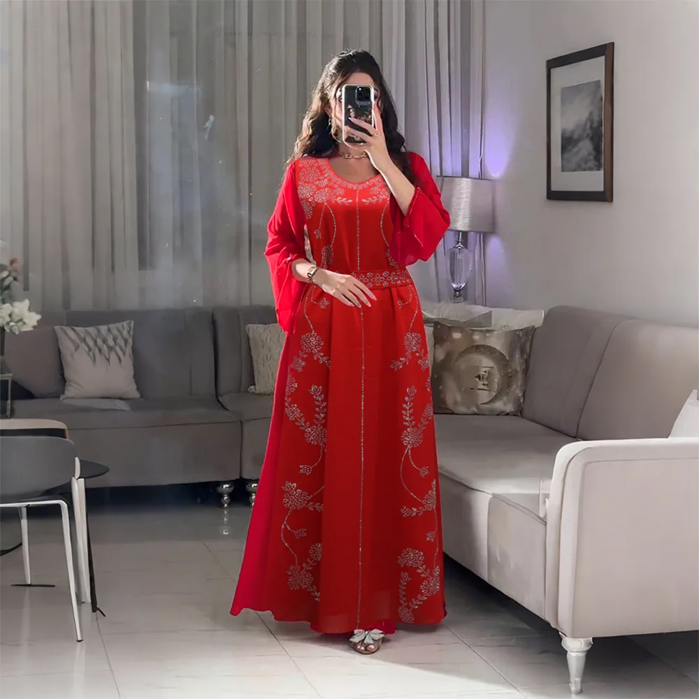 Dubai Arabian Middle Eastern Gathering Muslim Robe, Turkish Ladies' Stylish Colorful Round-neck Hotfix Diamond Evening Dress
