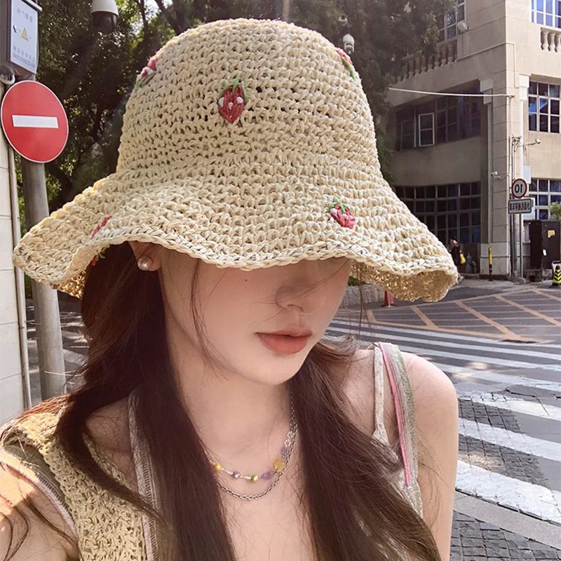 Cute Strawberry Pattern Foldable Woven Premium Quality Crochet Sun Bucket Hats for Women Fashionable Handmade Knitted Straw Hats