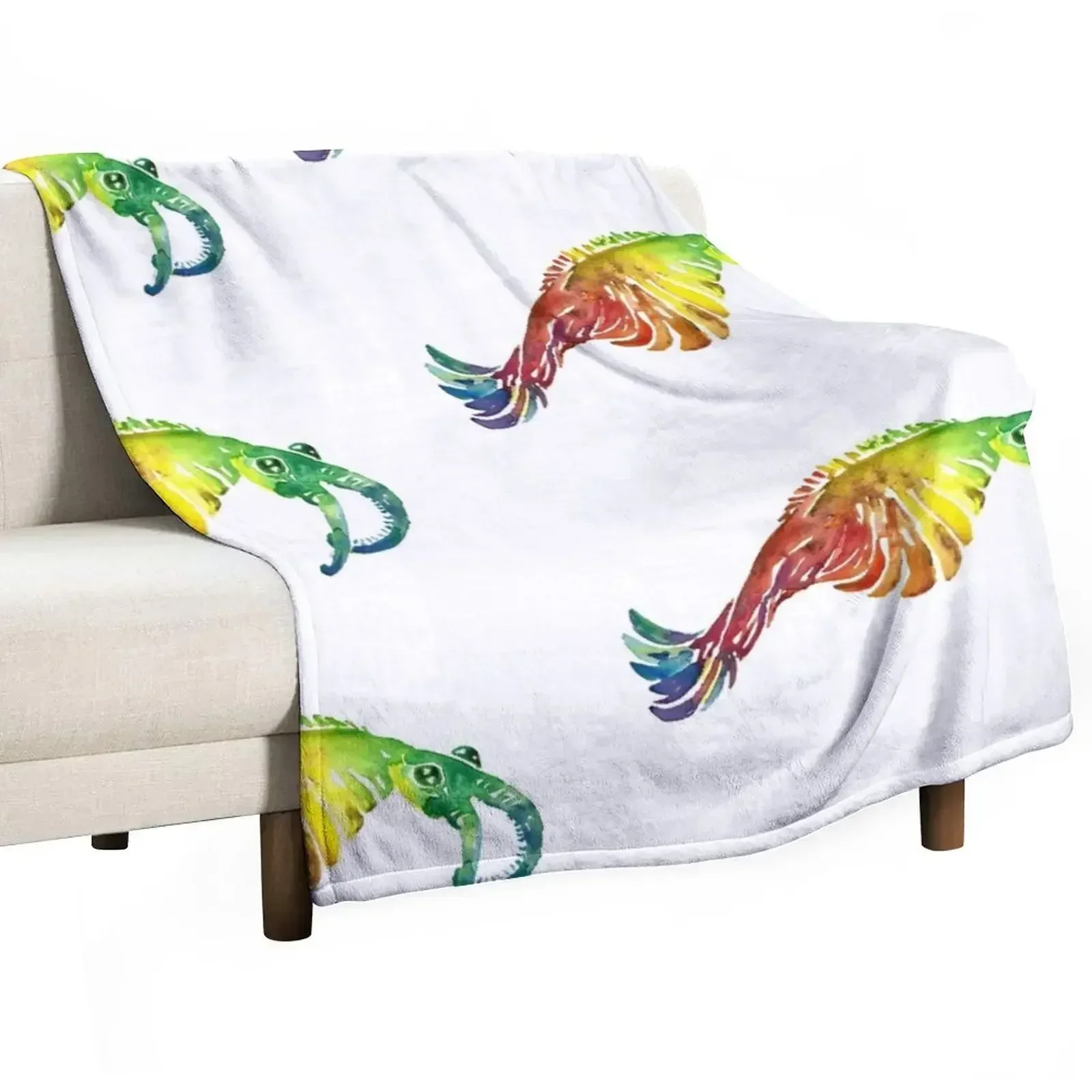 Watercolor Fossil Anomalocaris in Rainbow Throw Blanket Furrys Stuffeds Quilt Blankets