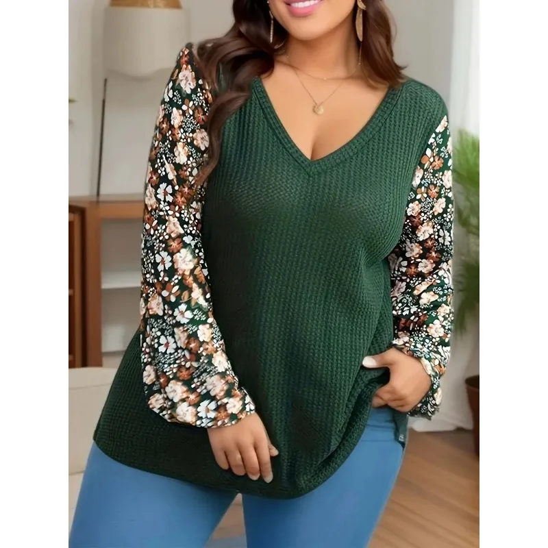 Plus Size 1XL-5XL Women\'s Waffle Patchwork Ditsy Floral V Neck T-Shirt Long Sleeved Casual Top