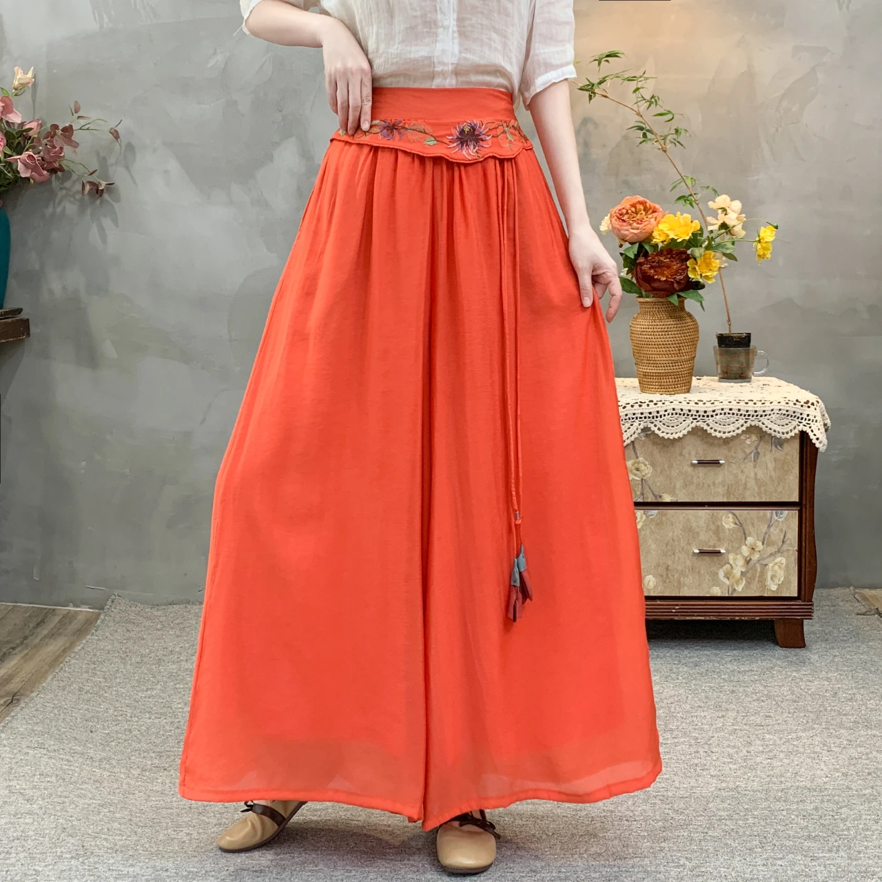 

Embroidery Wide Leg Pants 2025 Spring Summer High Elastic Waistline Women Pants Loose Casual Pants
