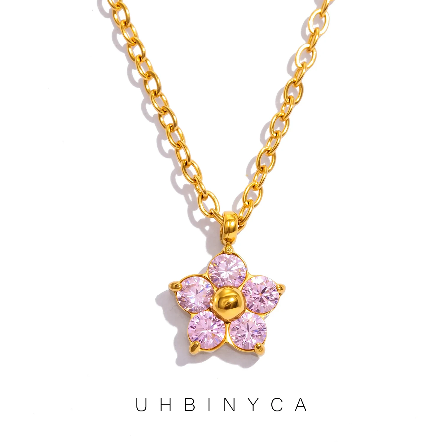 Zierliche Pflaumenblüten-Anhänger-Halskette mit Zirkonia - 18K Vergoldeter Edelstahl, Hypoallergener Schmuck für Frauen Alltagsschmuck