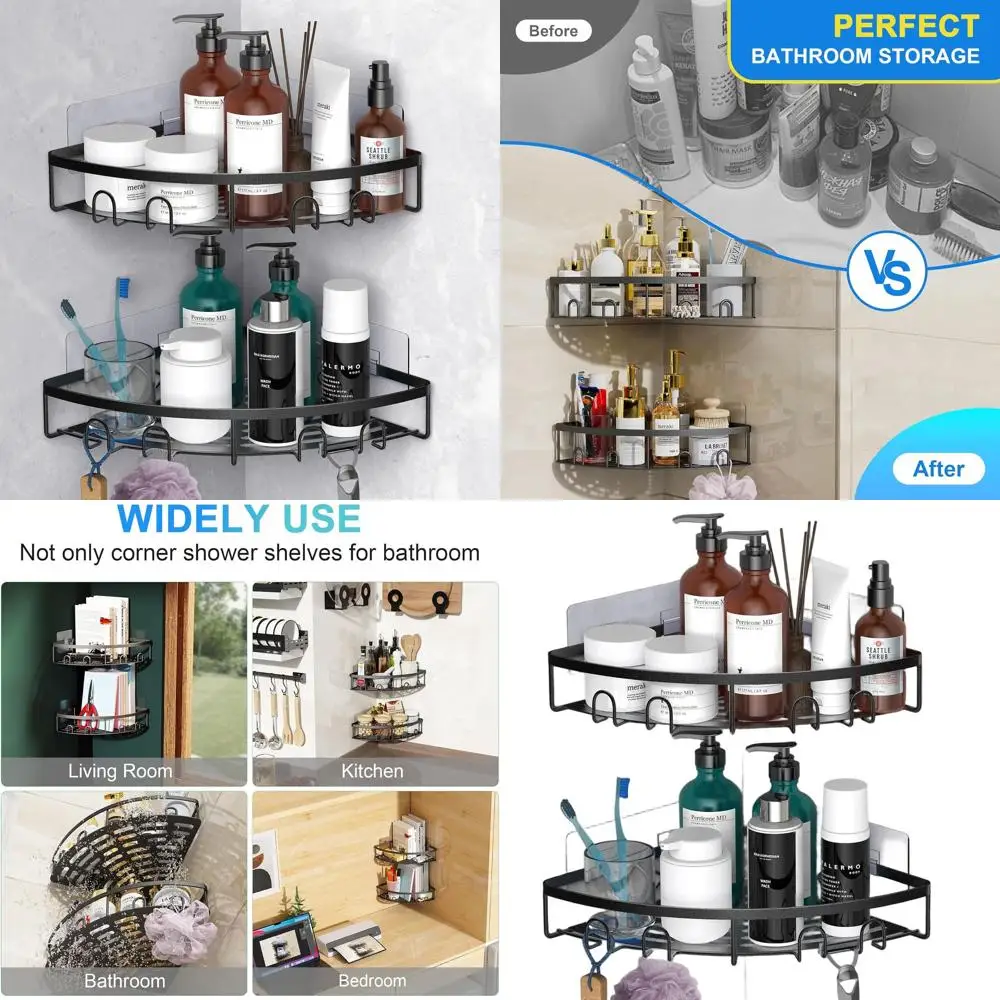 

Black 2-Piece Adhesive Corner Shower Caddy, Wall-Mounted Rustproof Shower Organizer with Shampoo Holder