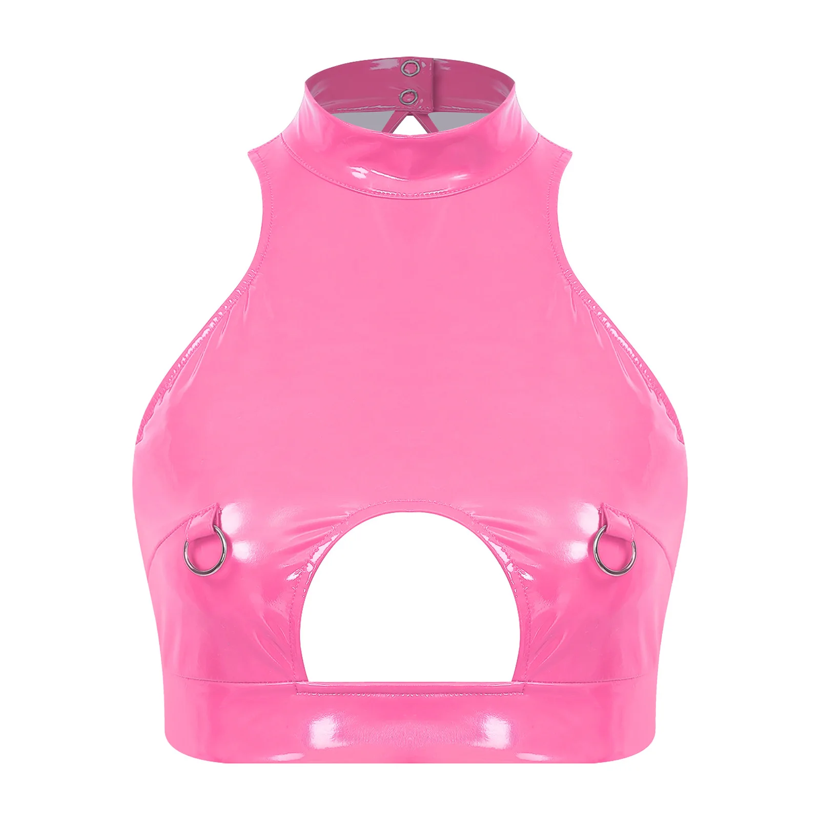 Womens Glossy PU Crop Top Front Hollow Out and Metal O-rings Sleeveless Tank Tops Vest for Bar Performance Stage Show Costume