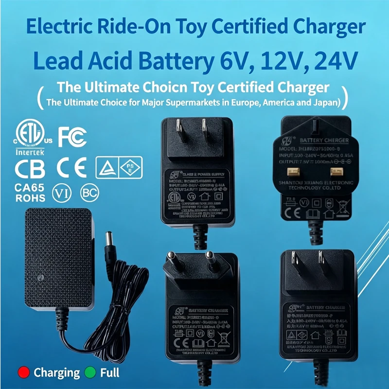 12V 24V Smart Battery Charger for Children Electric Ride On Car Toy, US EU UK Plug Lead Acid Power Adapter with ETL CE UKCA