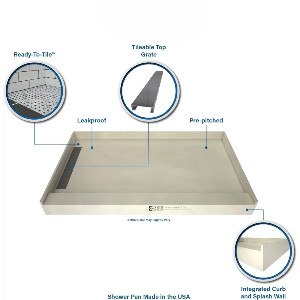 WF3248L-PVC-2.5 Bandeja de ducha con drenaje izquierdo: base de ducha de un solo acera, desagüe de PVC de 2", y rejilla incluida, 48" de ancho x 32" de profundidad