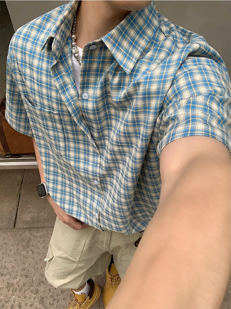 

Мужская футболка в стиле американского ретро с клетчатым принтом, летняя, модная, повседневная, дышащая, из полиэстера