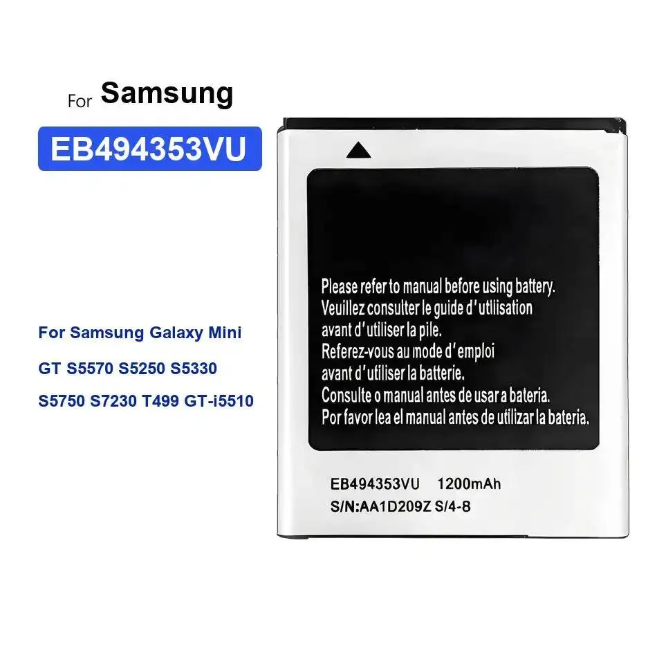 

Mobile Phone Battery EB494353VU 1200Mah For Samsung Galaxy Mini GT S5570 S5250 S5330 S5750 S7230 T499 GT-I5510