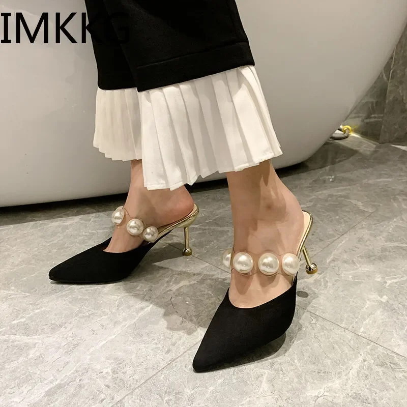 Pearl Black Sandals Women Summer Autumn Shoes Woman Thin Heels 2024 Ladies Outdoor High Heeled Mules Slippers