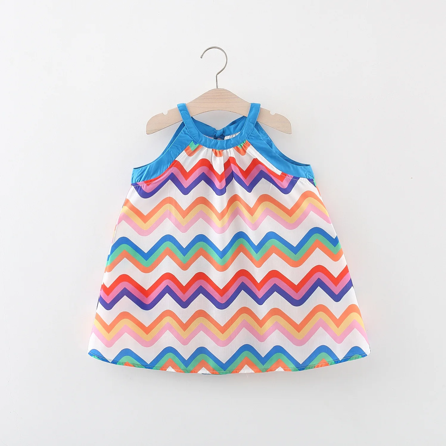 New summer baby girls dress halter halter Sleeveless Princess dress with embroidered color wavy stripes and blue wrap