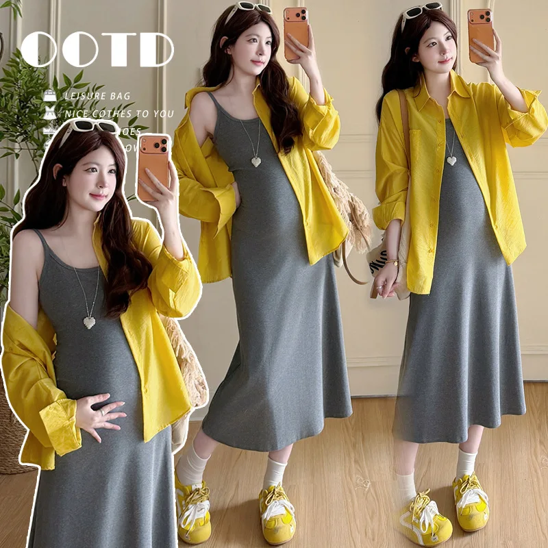 traje-de-maternidad-verano-2026-vestido-minimalista-informal-con-tirantes-finos-grises-y-camisa-amarilla-para-mujeres-embarazadas