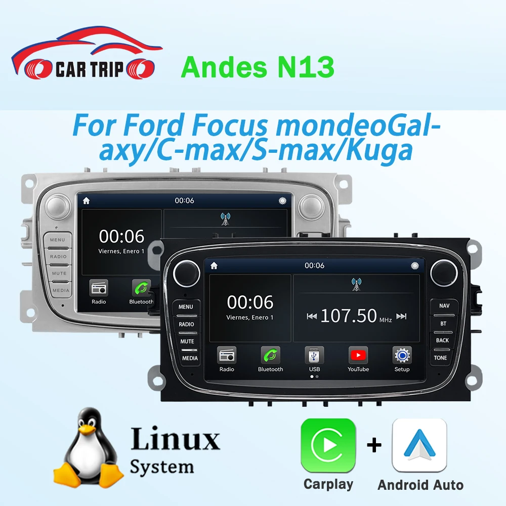 Reproductor de Radio con Sistema Linux de 7'' para Ford Focus 2007, Mondeo, S-max, C-max, Kuga, Galaxy, Fiesta, Transit, Fusion con CarPlay y Android Auto