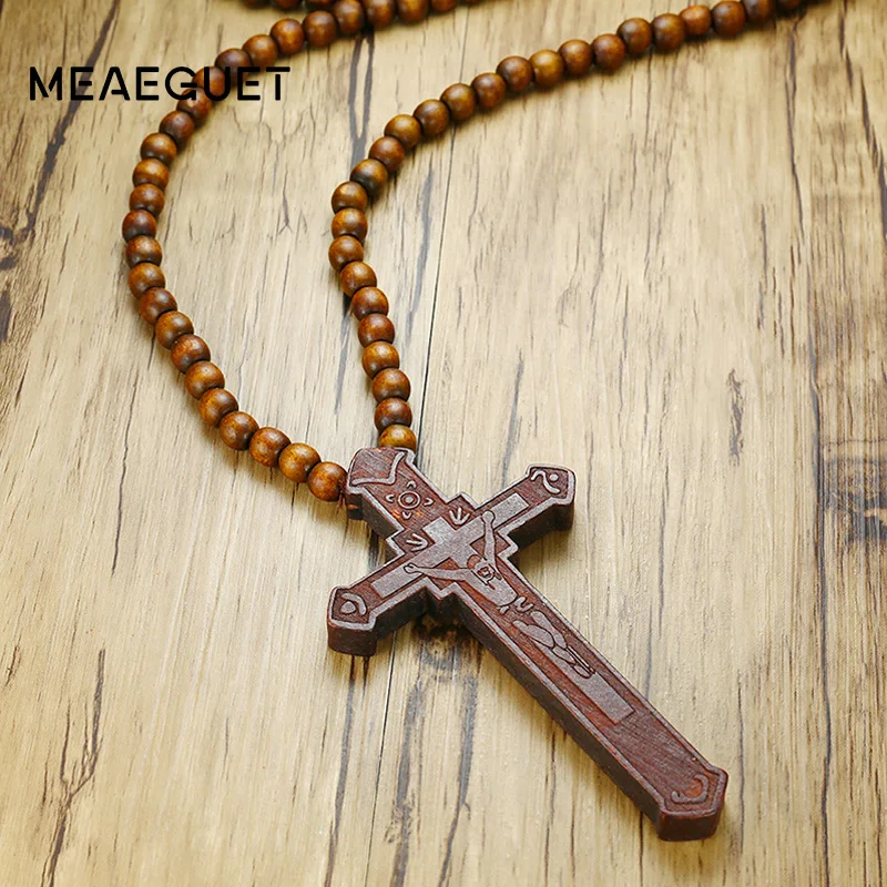 Large Wood Catholic JesusMens Cross With Wooden Bead Carved Rosary Pendant Long Collier Statement Necklace