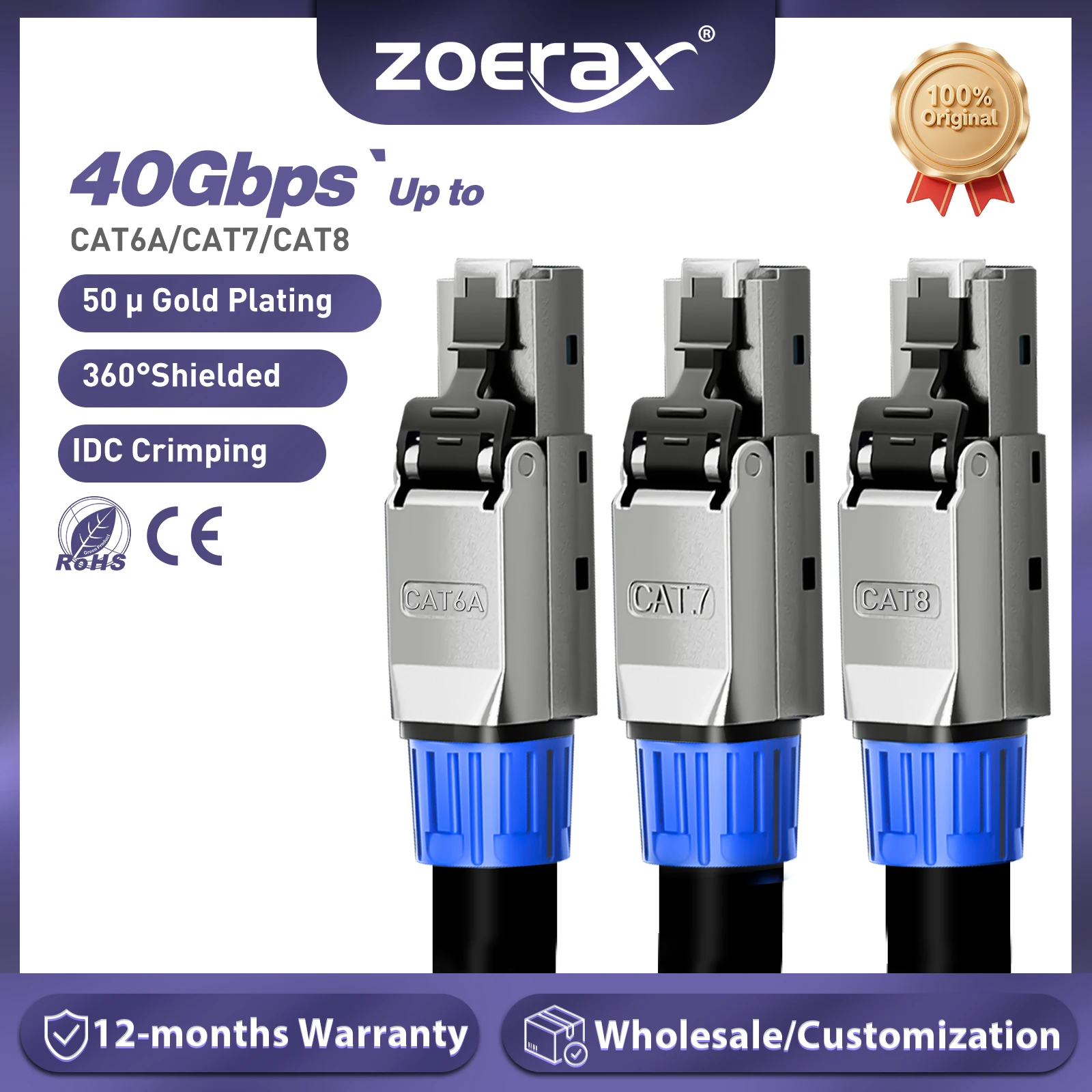 

ZoeRax RJ45 CAT8 CAT7 CAT6A Разъем кабеля Ethernet без инструментов Экранированный разъем сетевого кабеля 40/10 Гбит/с для кабеля Lan 22 ~ 24AWG STP
