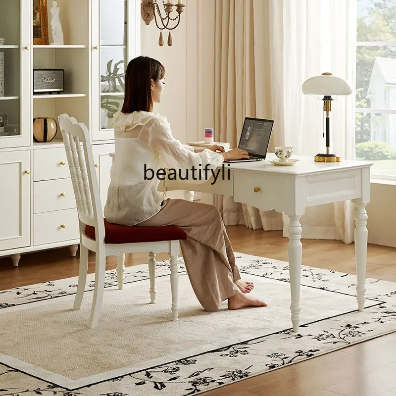 French solid wood desk desk computer  study   small apartment all solid wood cream white furniture