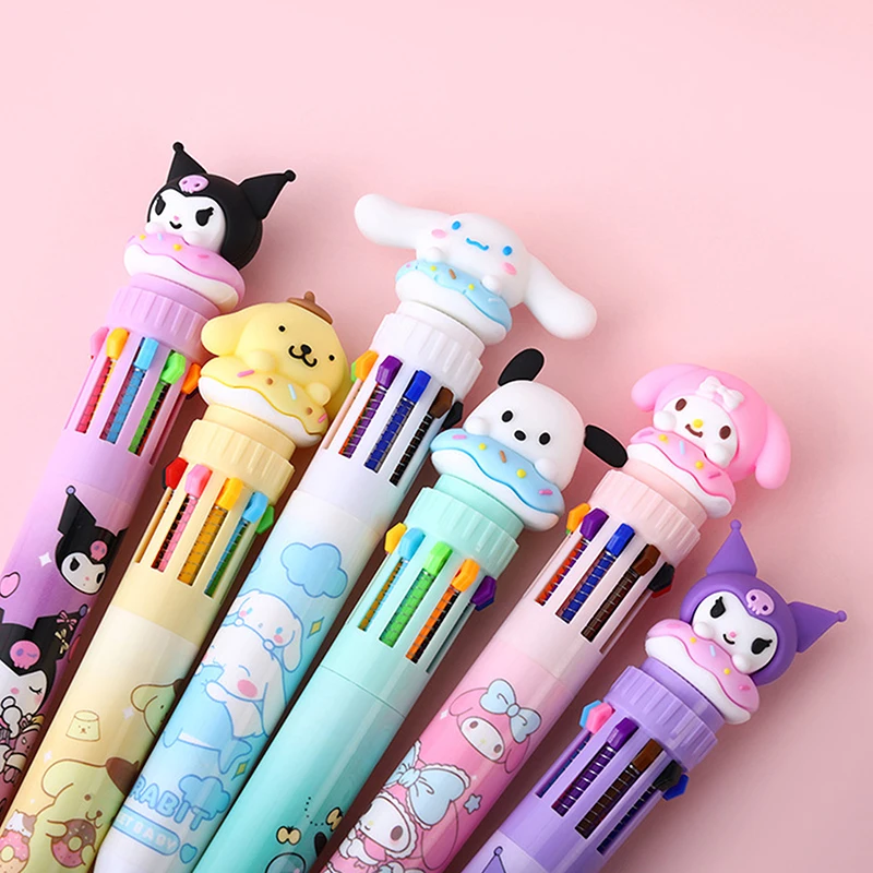 Sanrio ปากกาลูกลื่นกดสิบสี, ปากกาลูกลื่นลายการ์ตูนคาวาอิคุโรมิมีหลายสีสำหรับนักเรียนปากกาหมึกเจลเมโลดี้ Sanrio เครื่องเขียนการเขียนปากกาน่ารัก