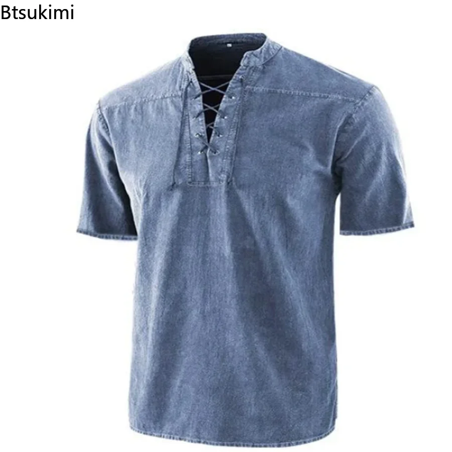 Summer T Shirt Men Stand Collar Front Lace Up Short Sleeve V Neck Slim T Shirt Streetwear for Daily Wear Casual Tops Tees S-5XL