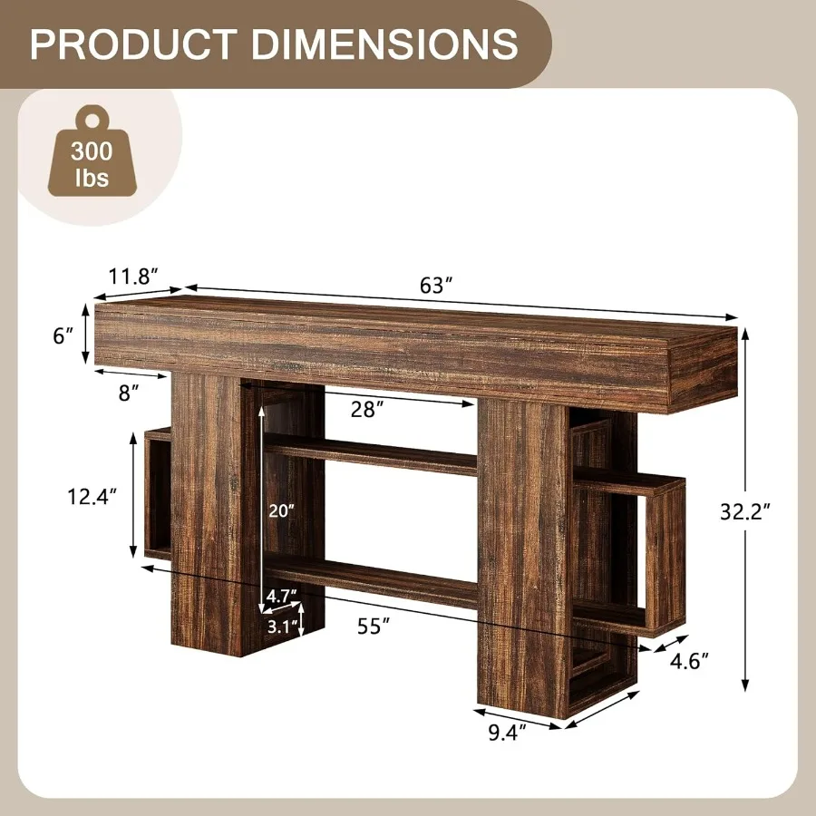63 Inch Console Table with Storage Looped Frame 3Tire Wooden Sofa Table Behind The Couch Farmhouse Entry Foyer Table for Entryw