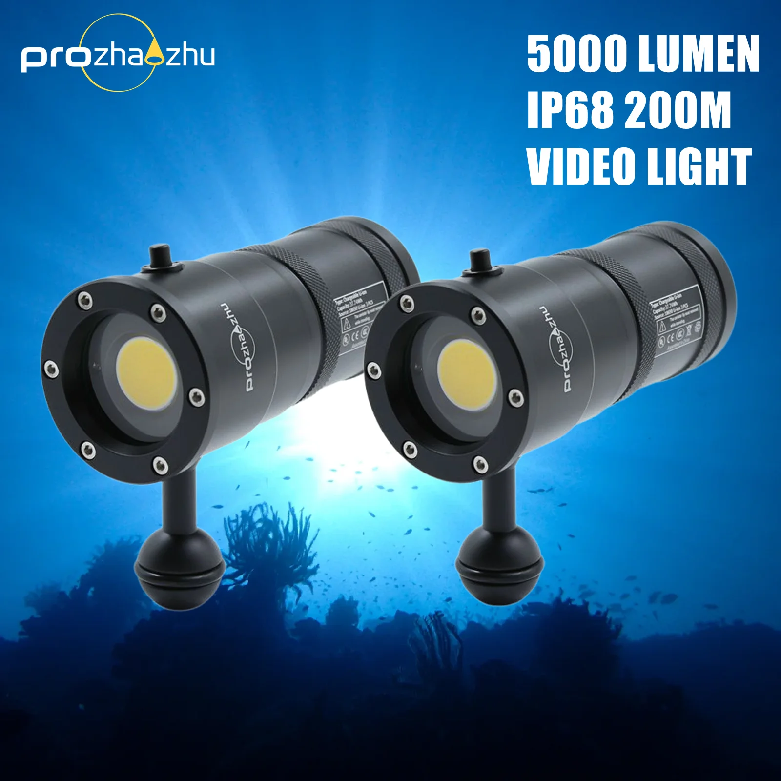 Professioinal Underwater Video Dive Lights 5000 Lumen COB IP68 200M 110° Rechargeable Diving Lamps