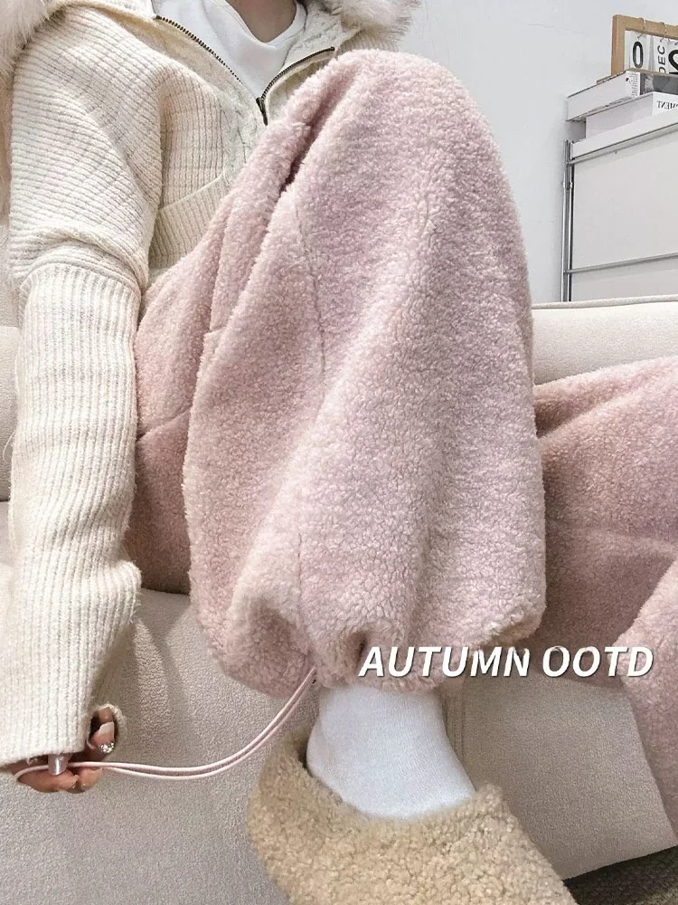 

Розовые широкие брюки из овечьей шерсти для женщин, осенне-зимние, с высокой талией, свободные, утягивающие, на шнурке, утепленные, прямые, повседневные