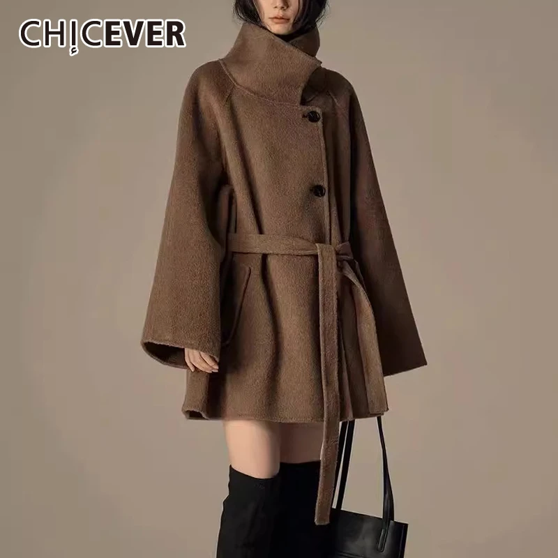 CHICEVER Vintage Spliced Pockets Coat For Women Lapel Long Sleeve Patchwork Lace Up Loose Minimalist Wool Jacket Female Clothing