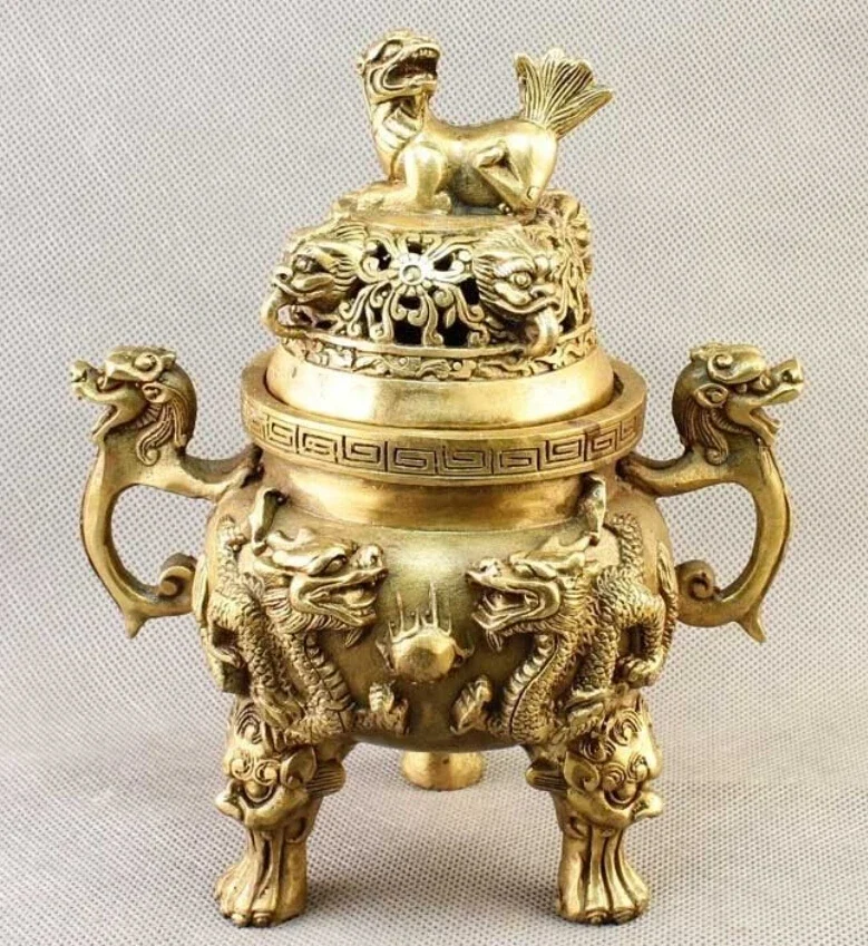 

China Brass carved Dragon&FOO FU Dog Incense Burner/Censer Statue