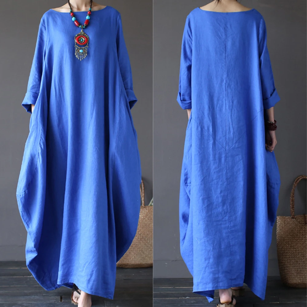 Korean Fashion Female Cotton Linen Robe Long Dresses Women Elegant Long Sleeve O Neck Maxi Kaftan Dress Casual Vintage Vestidos