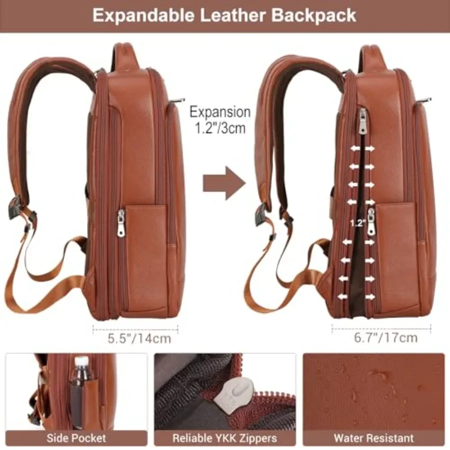 حقيبة ظهر للكمبيوتر المحمول مقاس 15.6 بوصة من الجلد قابلة للتوسيع من TIDING للرجال والنساء حقيبة ظهر للسفر للأعمال حقيبة نهارية كاجوال رفيعة للعمل #5