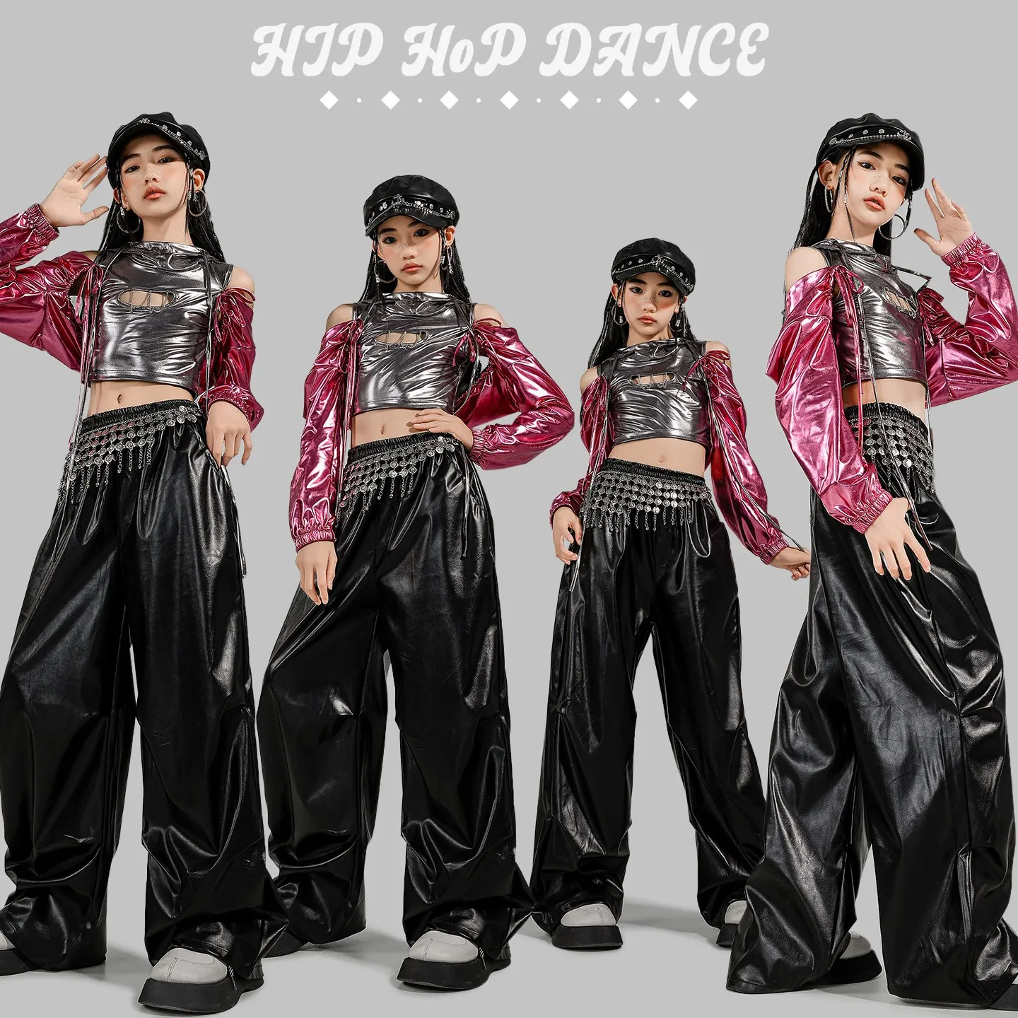 

New Kpop Jazz Dance Costume Girls Fashion Performance Clothes Hooded Navel Tops Leather Pants Hip Hop Outfits Stage Wear