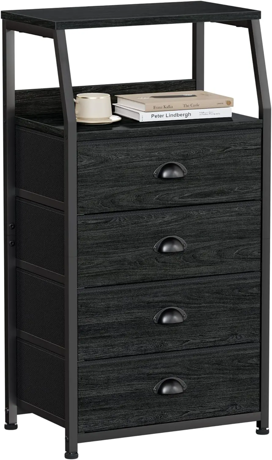 

CHigh 4 drawer dresser, vertical storage tower Black dresser, nightstand Nightstand furniture, sturdy steel frame, wood top