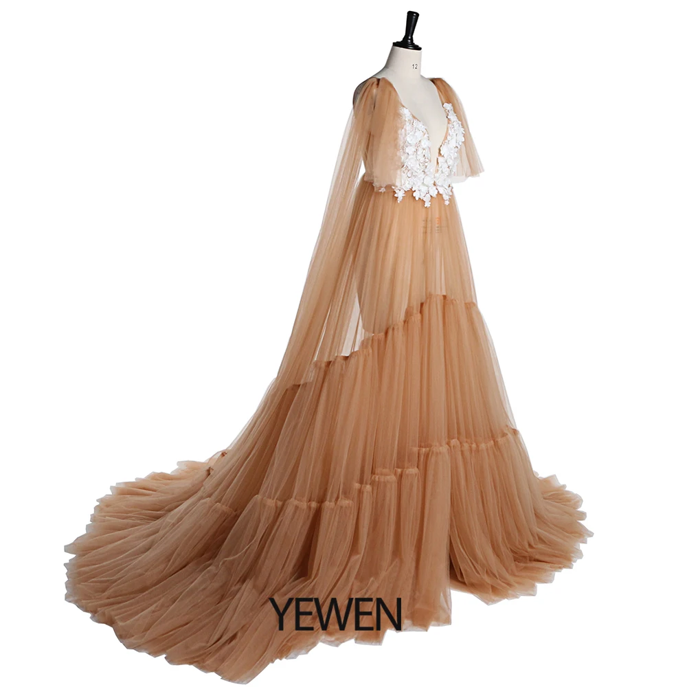 ดอกไม้ Tulle Beach ชุดราตรียาวลึก V คอด้านหน้าเปิดคลอดบุตรชุดสำหรับถ่ายภาพ YEWEN YD21624