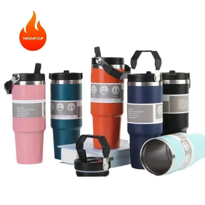 30oz Large Capacity Portable Car Cup Stainless Steel Thermos Cup with Straw & Handle Travel Sports Water Bottle Vacuum Flask - view 2