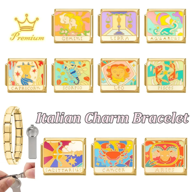 Trendy Zodiac Signs High Quality Gold Color Italian Charm Links Fit 9MM Stainless Steel Bracelet Jewelry Women Men DIY Making