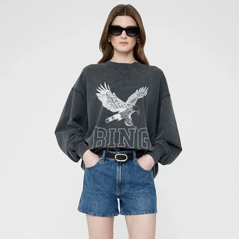 24 New Early Fall New Niche AB Front Print White Eagle BING Printed Wash Water Stir-fry Color Side Match Women's Hoodie