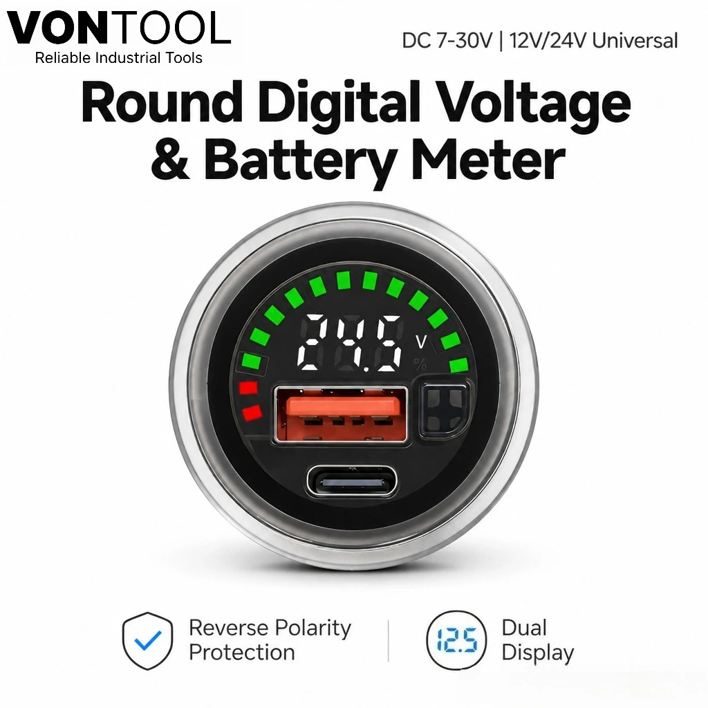 

Reverse Connection Protection Digital Voltmeter Round DC 7-30V 12V 24V Battery Voltage Level Gauge for Lithium & Storage Battery