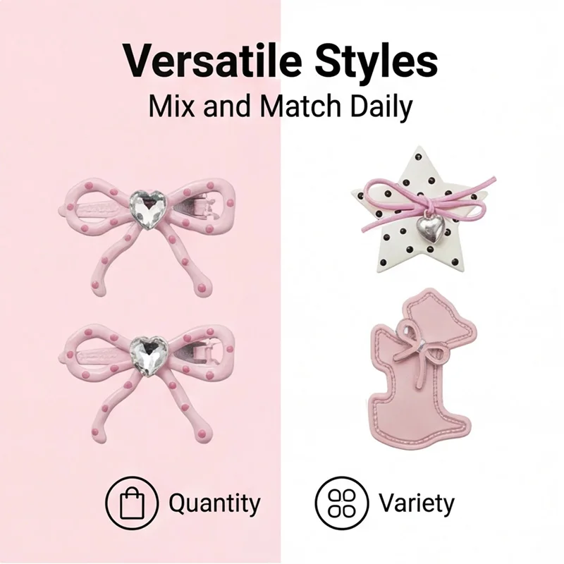 Cute Pink Hairpin Set, Sweet Bowknot Heart Shaped Rhinestone Star Dog Hairpins,Hair Accessories with Cards