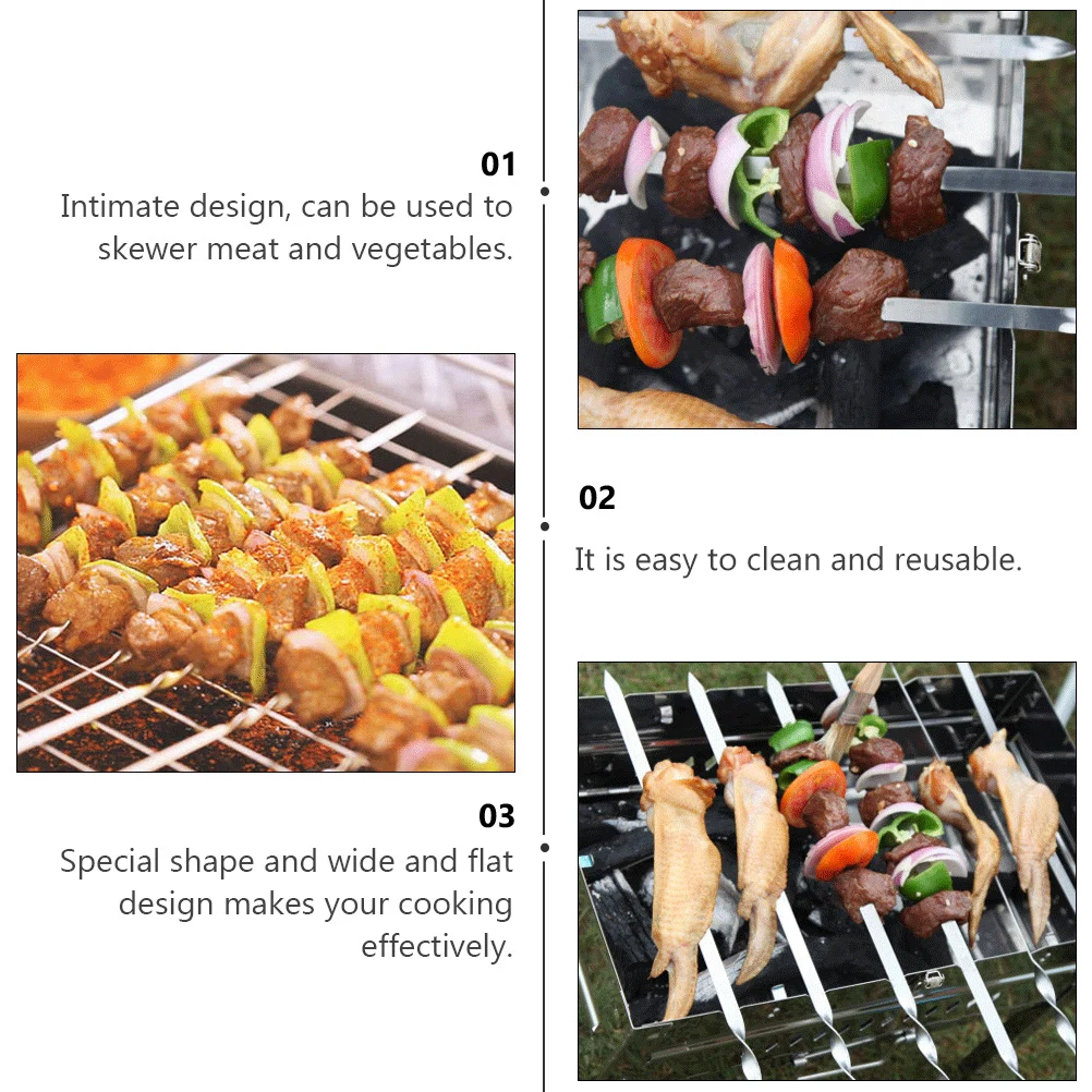 

6pcs Stainless Steel Flat Skewers Reusable BBQ Stick Wooden Handle Kebab Grilling Tools Long Kebab Meat Vegetables Kitchen