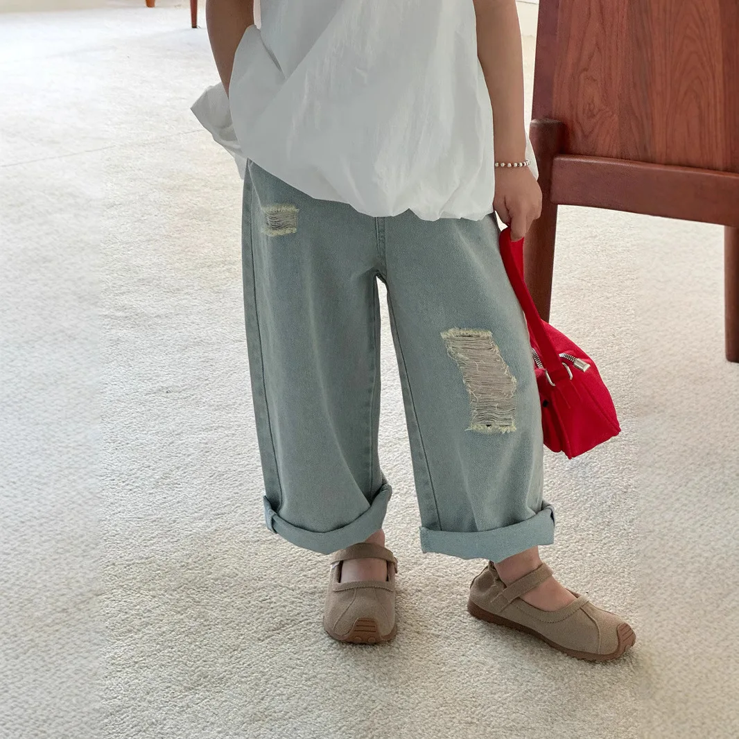 

Girls' Summer New Korean 2025 Thin and Perforated Jeans Children's Cowboy Casual Straight Pants