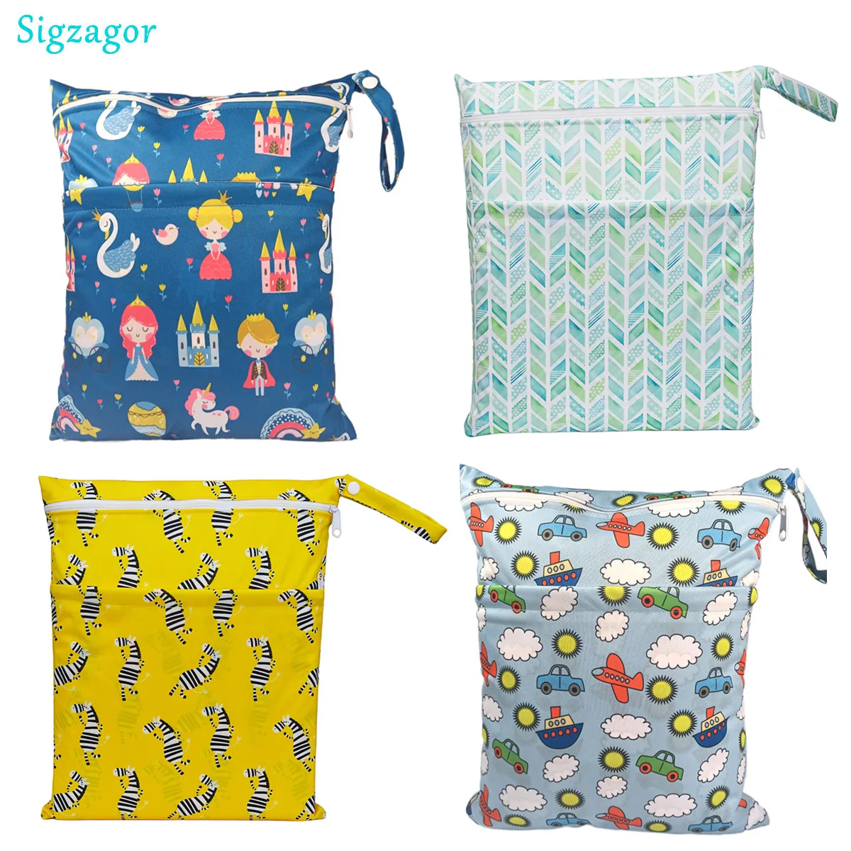 [Sigzagor]Wet Dry Bag With Two Zippered For Baby Diapers Nappies Waterproof Reusable 36cmx29cm