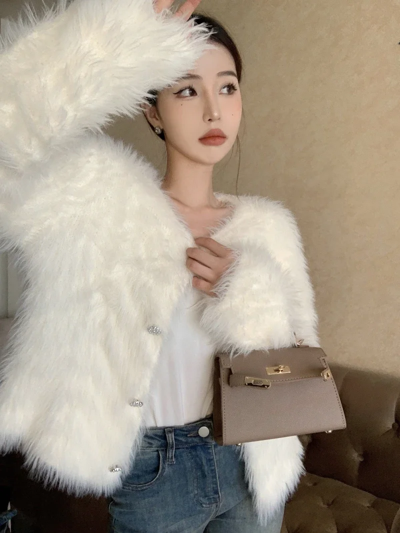 Fashion Mink Faux Fur Fluffy Knit Cardigan Sweater Coat Pink White Cute Button Up Outfit Fall Autumn Women Ladies Top Jumper y2k