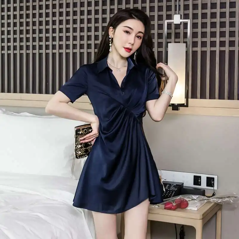 NAN Letnia Biała Satynowa Spódnica Damska Elegancka z Dekoltem Ollar, Wysoki Stan, Do Pracy, Gładka, z Nieregularnym Dołem