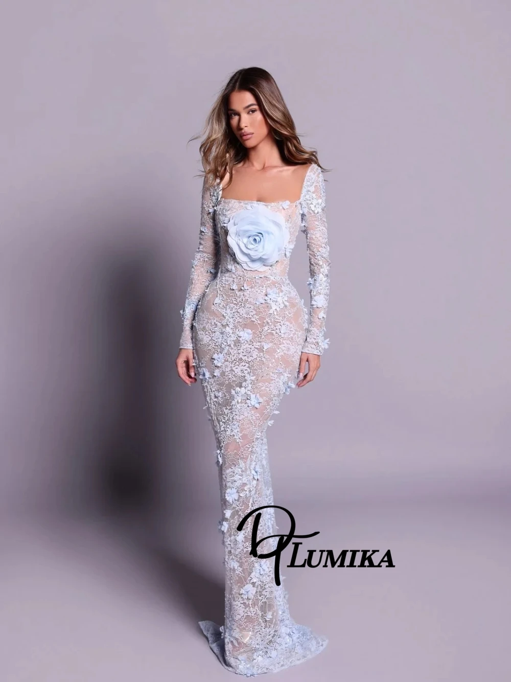 

Intricate 3D Blooms Light Blue Sheer Lace Mermaid Evening Dress Elegant Long Sleeved Prom Gown Illusion Customized Party Wear