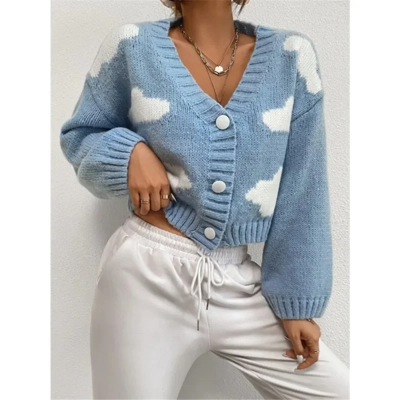 Autumn Women\'s Casual Loose V-neck Cloud Long Sleeve Knit Cardigan Temperament Commuting Women Fashion Sweater Coat Crop Jacket