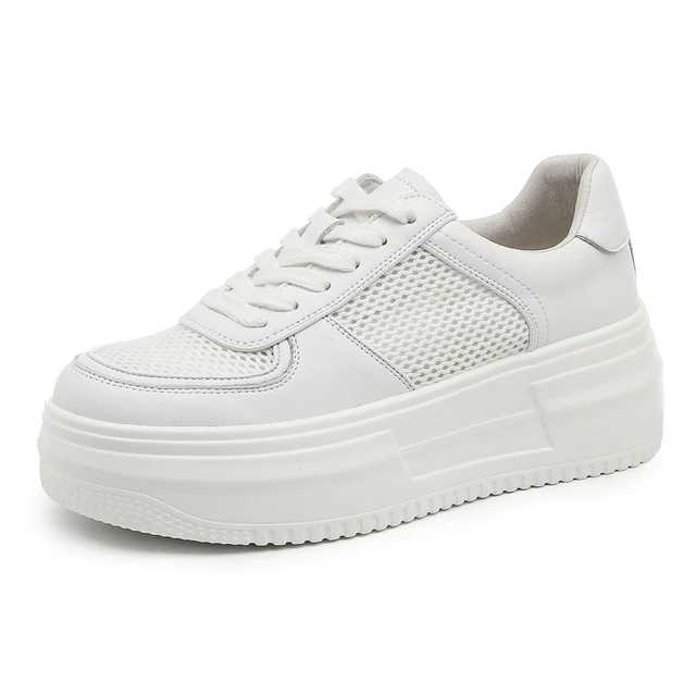 

ENMAYER 2022 New Genuine Leather Shoes Women Sneakers Mesh Lace Up Platform Flats Small White Female Casual Shoes