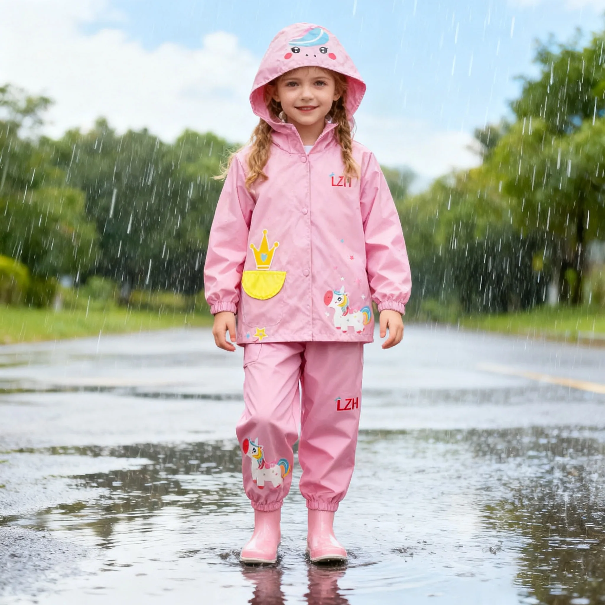 Girl Baby Kid Waterproof Hooded Coat and pants 2pcs set cartoon Unicorn Jacket Outwear Suit Raincoat  top and bottom sets