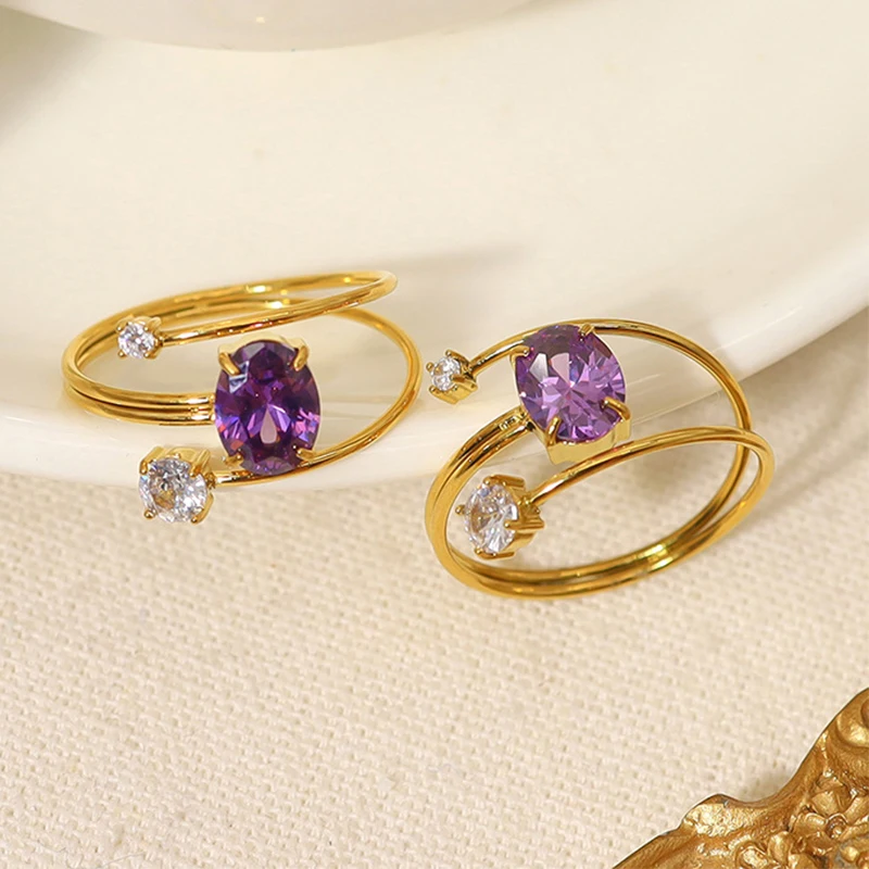 Elegant Jewelry 18K Gold Plated Stainless Steel Adjustable Stack Designed Cubic Zirconia Amethyst Purple Ring for Women