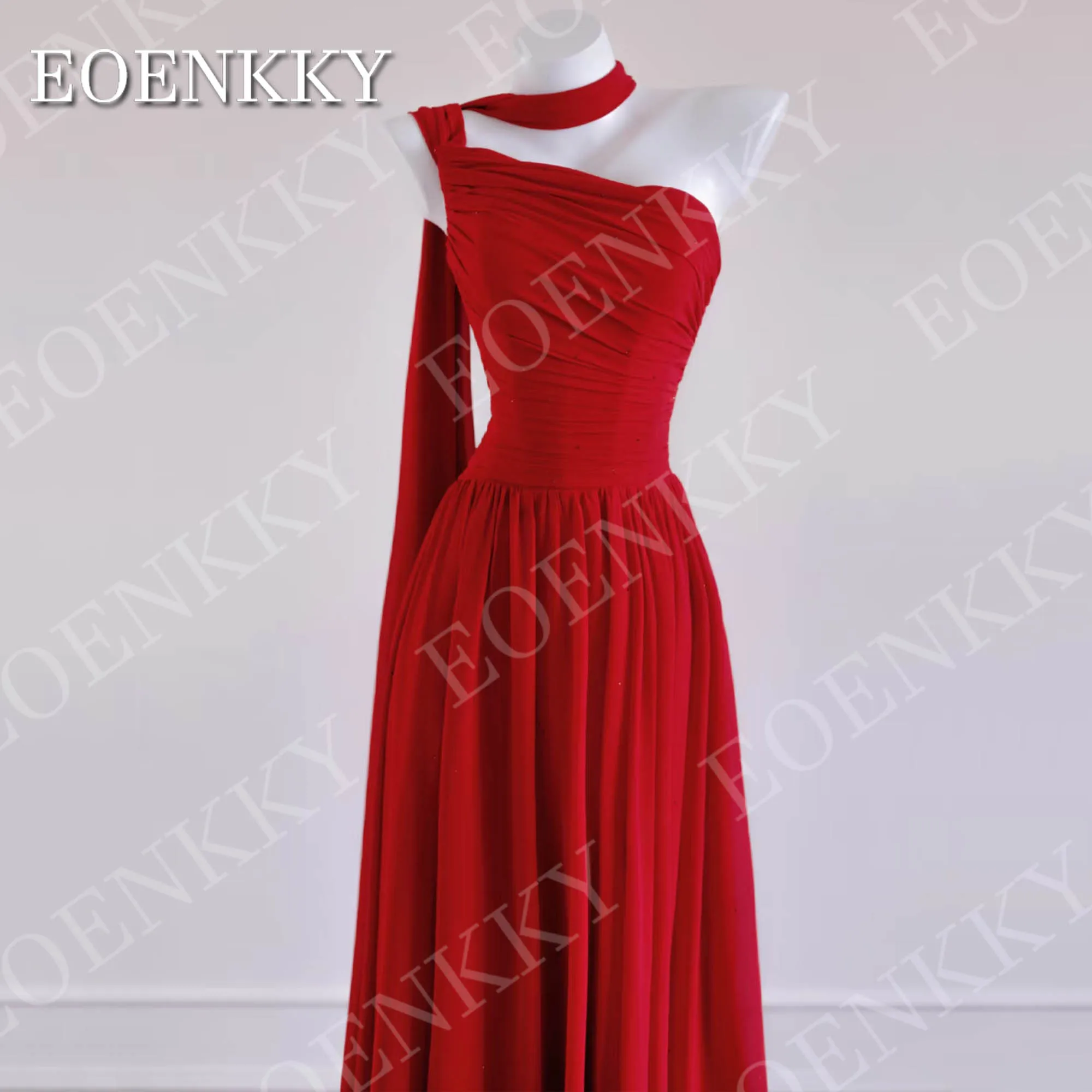 EOENKKY Rote One-Shoulder-Abendkleider für Damen langes elegantes Chiffon-Partykleid ärmellos bodenlang individuell gestaltet Rote eine Schulter Abendkleider Frau lange elegante Chiffon Party Kleid ärmellose Bodenlänge